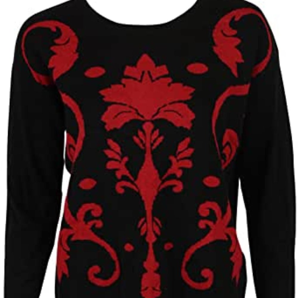 kensie Long-Sleeve Crew-Neck Damask-Knit Sweater